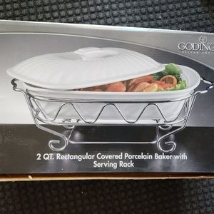 Godinger 2 qt covered porcelain baker with serving rack NIB